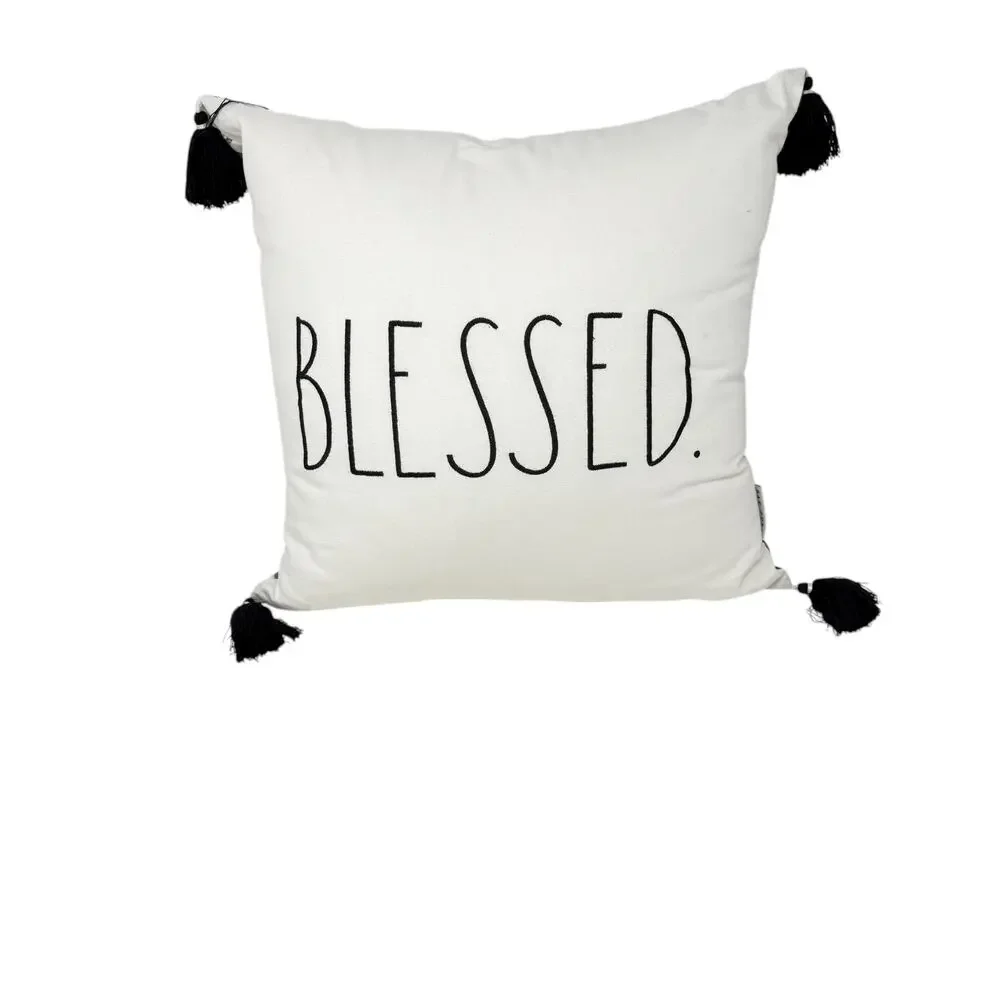 Rae Dunn BLESSED Throw Pillow Black White Plaid Tassel Farmhouse Accent Cushion